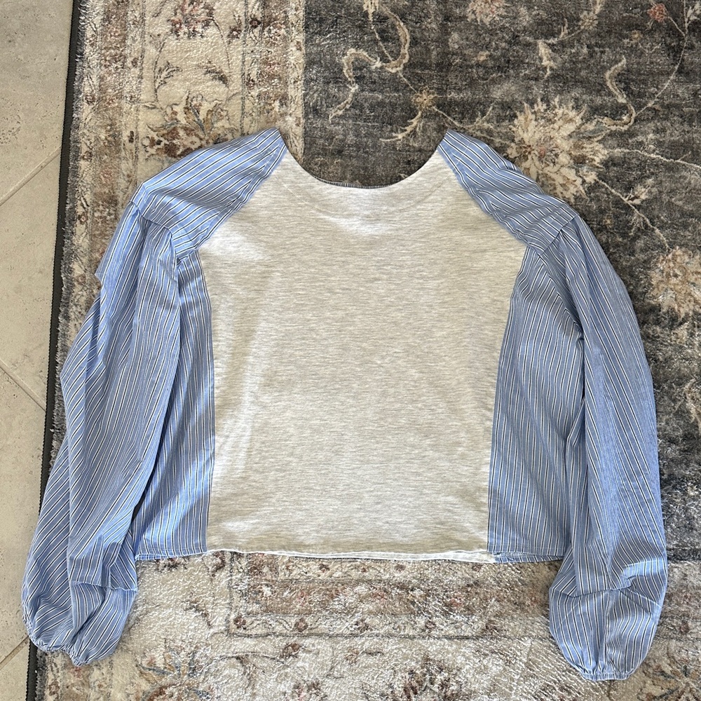 Anthropologie Stripe Sleeve Pullover Top- Light Blue & Heather Gray